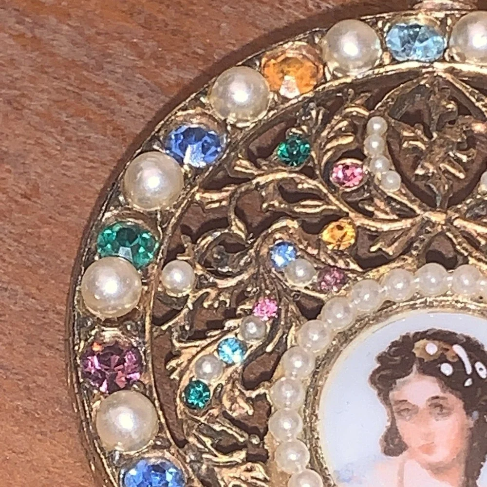 VTG Limoges Brooch Pin Pocket Watch Design‎ Hand Painted Porcelain Lady Portrait